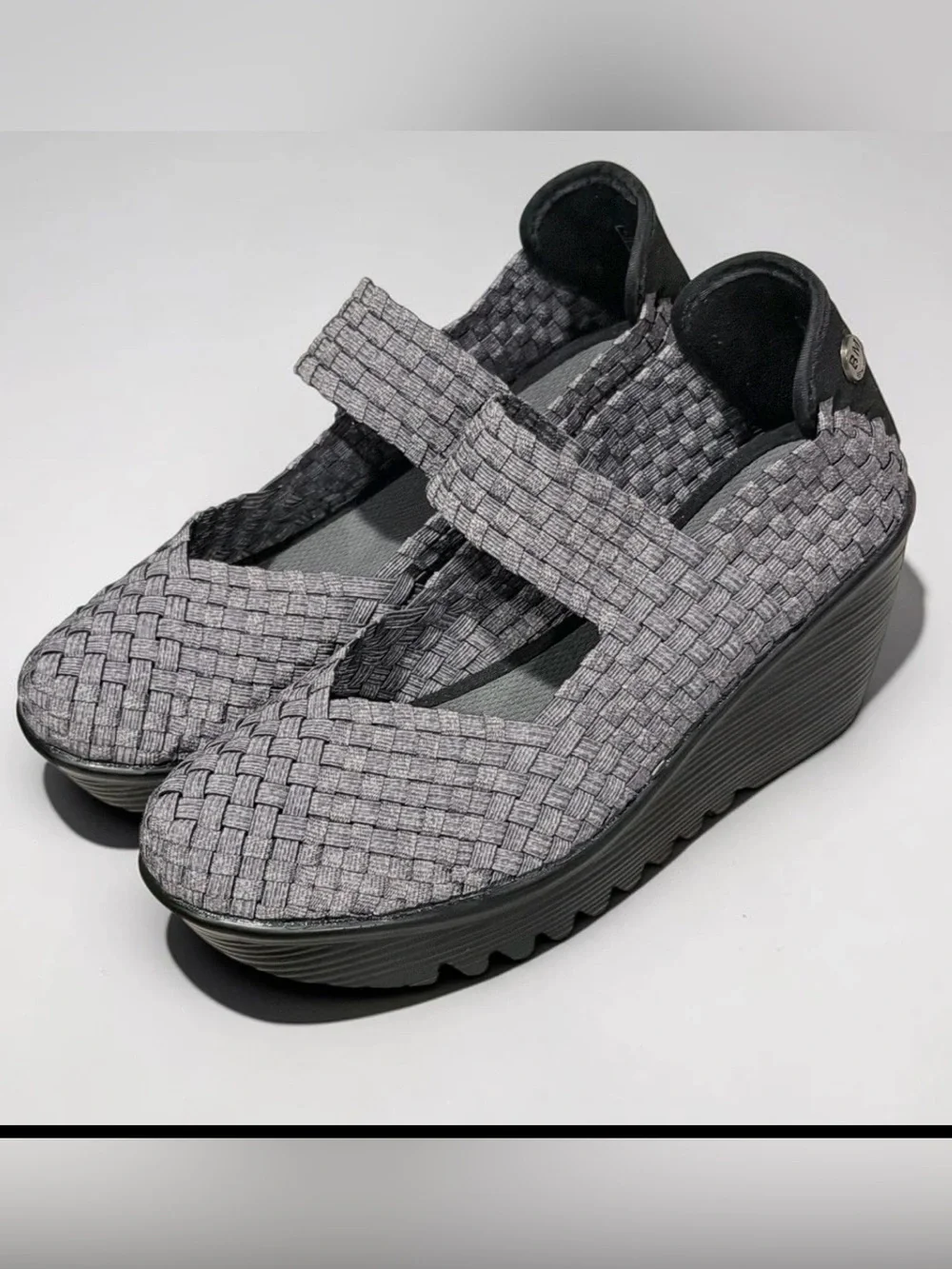 Bernie Mev Lulia Woven Stretch Platform Mary Jane Comfort Wedge Gray and Black